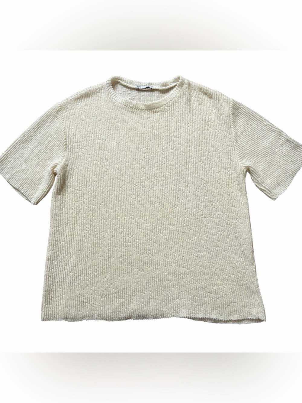 Zara Loose Fit Crewneck Short Sleeve Textured Sweater Tee Cream Size Large
